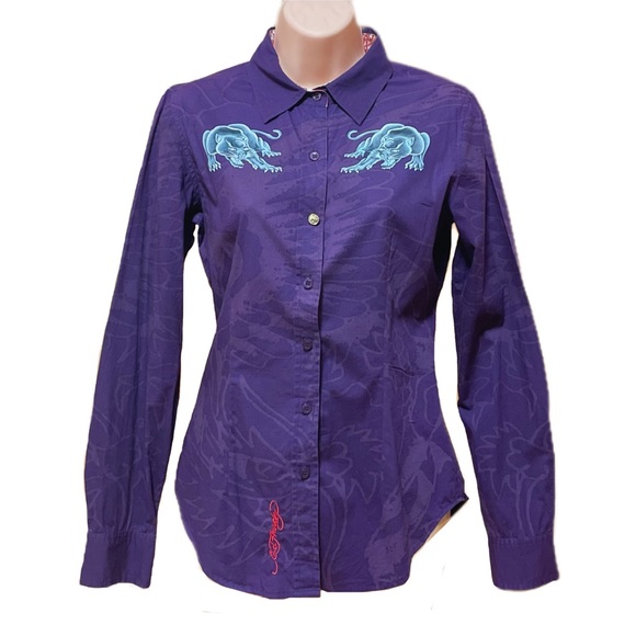Like New Ed Hardy Purple Cowgirl Tattoo Graphic Shirt from Size M - Picture 2 of 8